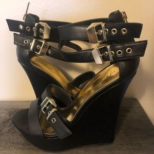 Black and Gold Strappy Wedges